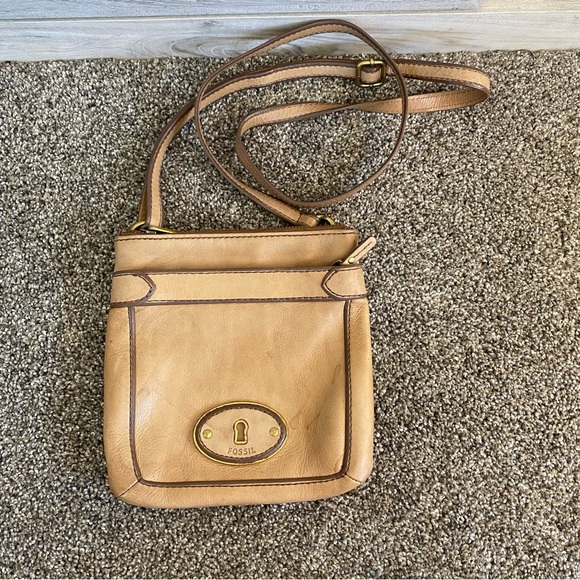 Vintage Fossil Tan Leather Crossbody Bag Purse Shoulder Satchel Hobo - Picture 5 of 11